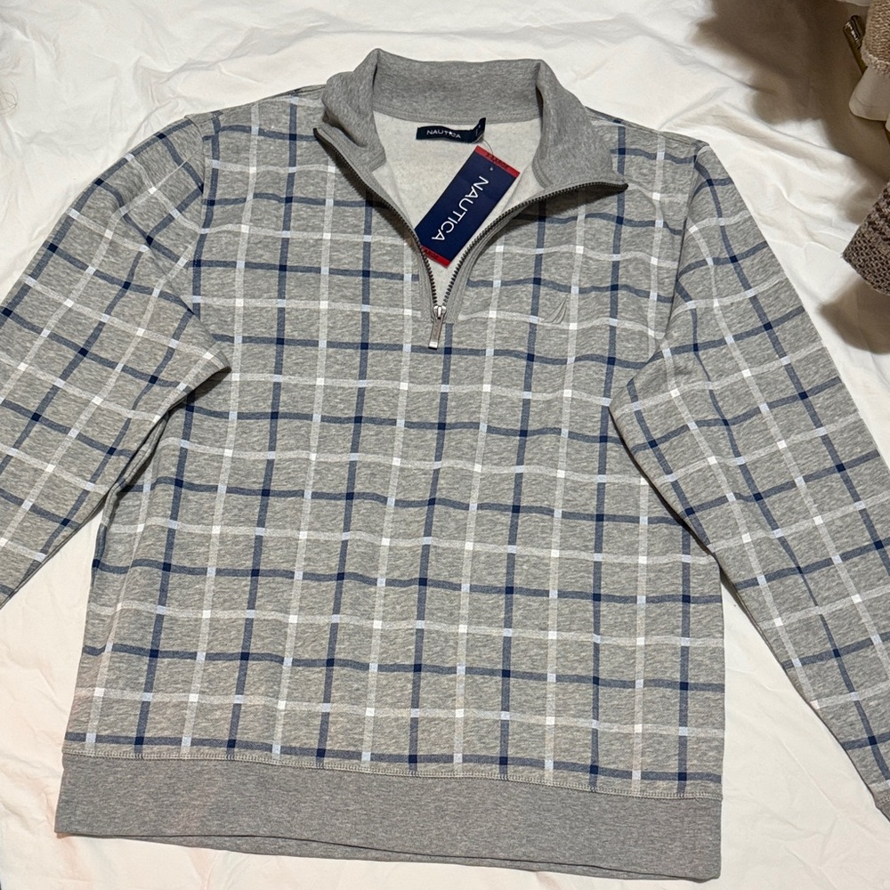 💚 NWT Nautica Men's Zip-Up Sweater in Gray and Blue Plaid